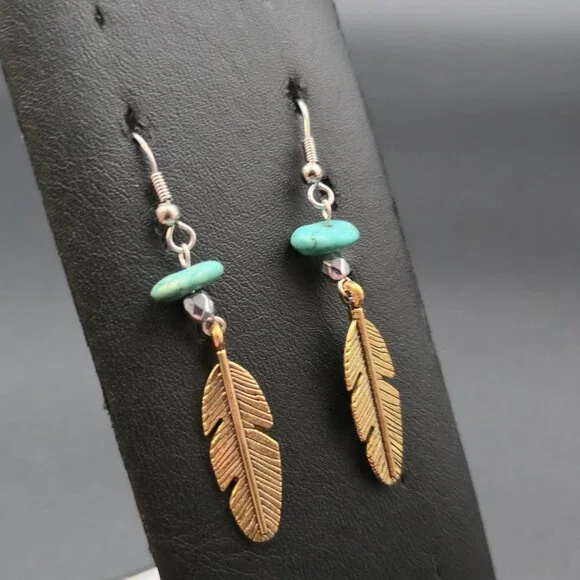 Silver Plated Turquoise Stone Brass Feather Earrings A6985 - Picture 2 of 5